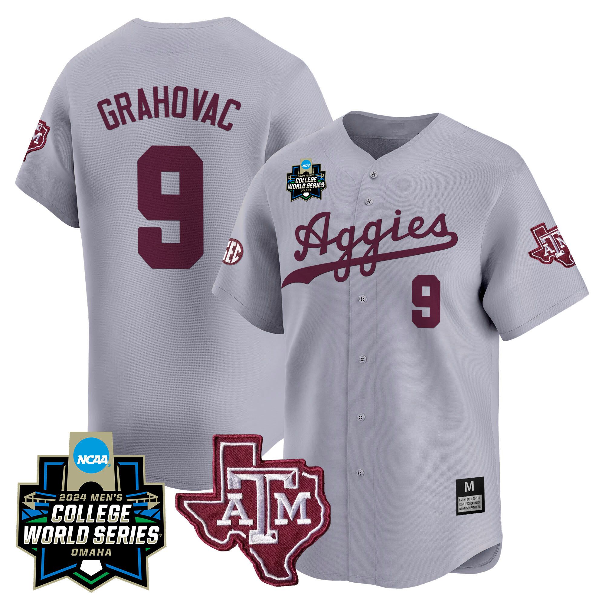 Men Texas A&M Aggies #9 Grahovac Grey 2024 College World Series Vapor Premier Limited NCAA Jersey